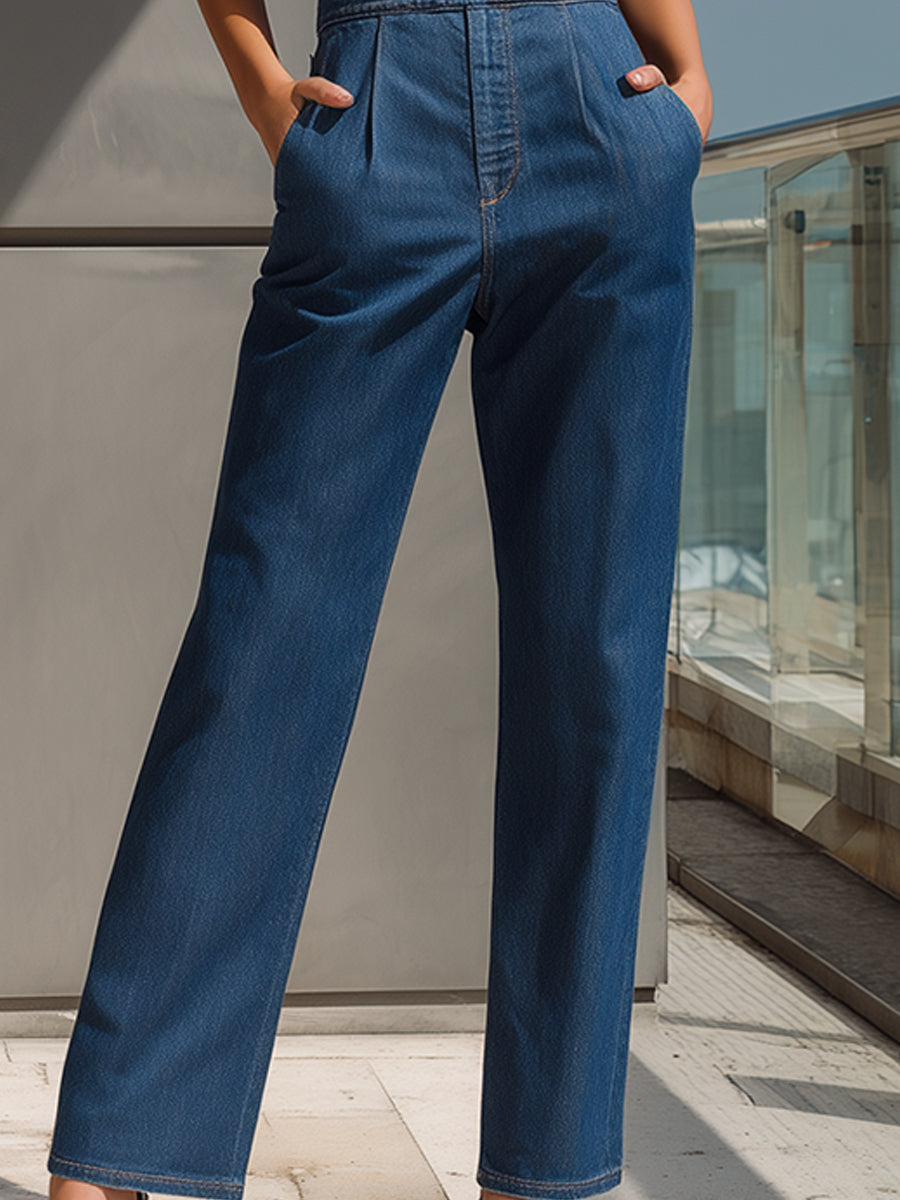 Sleeveless Halter Neck Denim Wide-Leg Jumpsuit ZJ