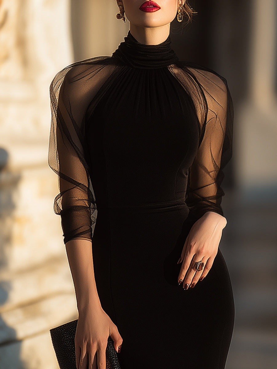 Sheer-Sleeve High-Neck Cocktail Dress XYS