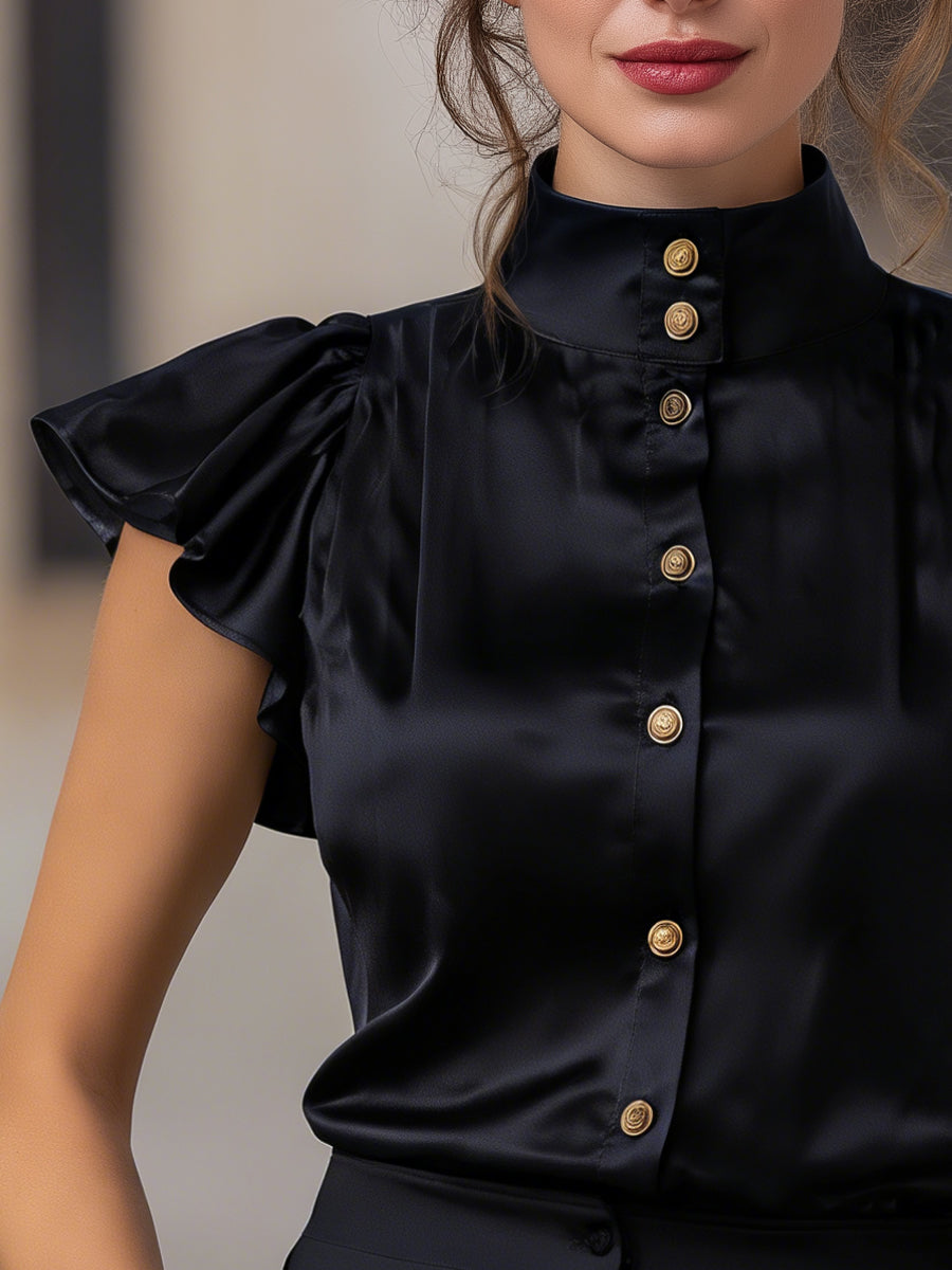 Satin High-Neck Flutter Sleeve Blouse With Gold Buttons MLZ