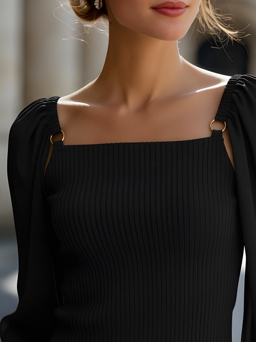 Ribbed Knit Top With Chiffon Balloon Sleeves MLZ