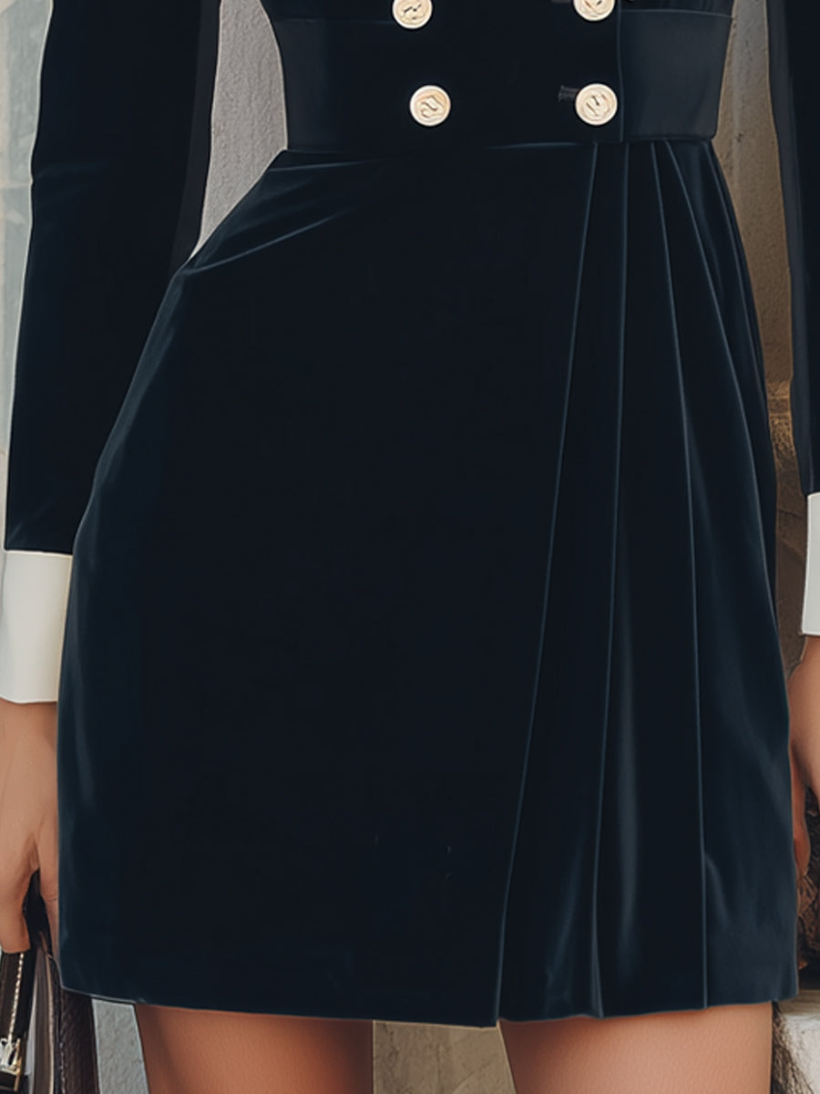 Black Velvet Contrast-Lapel Double-Breasted Blazer Dress ZJ