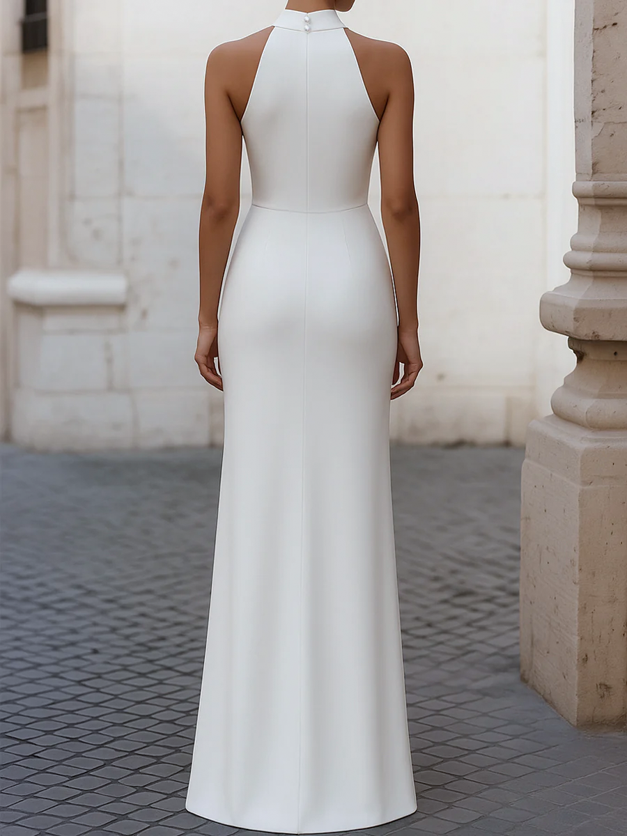 Elegant Satin Pleated Halter-Neck Evening Gown MLZ