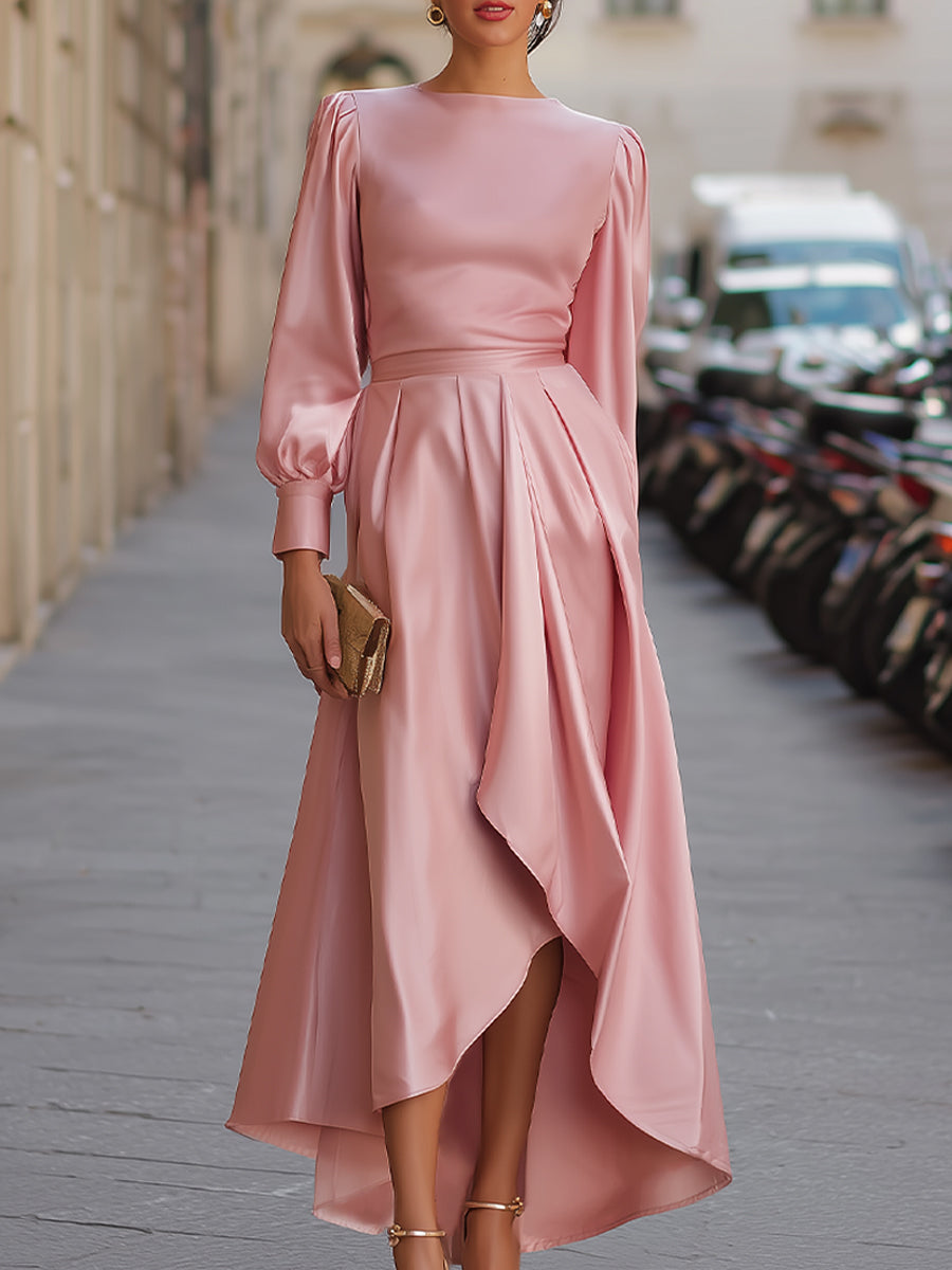 Elegant Satin Long-Sleeve High-Low Evening Dress HWT
