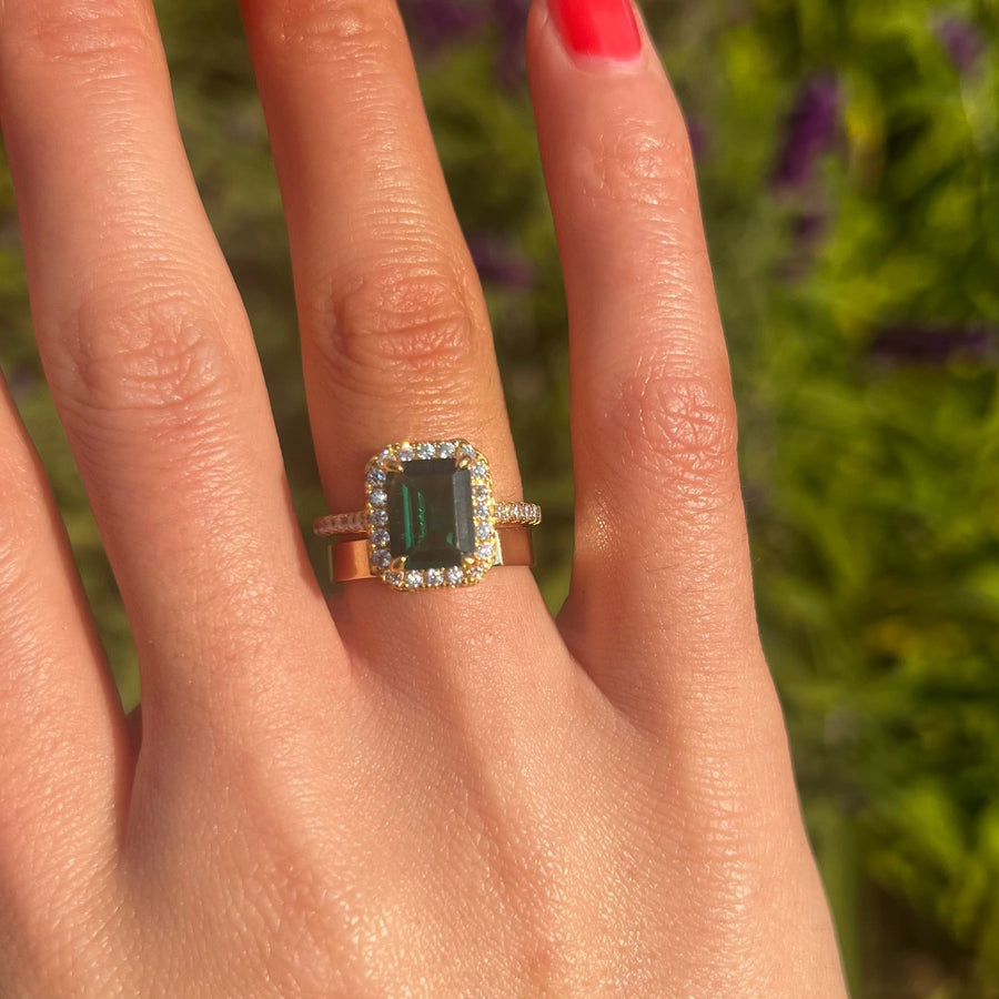 2 Pcs Green Emerald Cut Halo Design Bridal Sets In Golden Tone Shine of Diamond