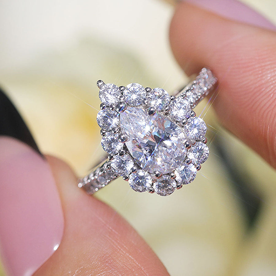 Stunning Pear Cut Halo Design Sterling Silver Engagement Ring Shine of Diamond