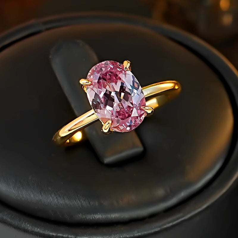 Classic Pink Tourmaline Oval Cut Golden Tone Ring Shine of Diamond