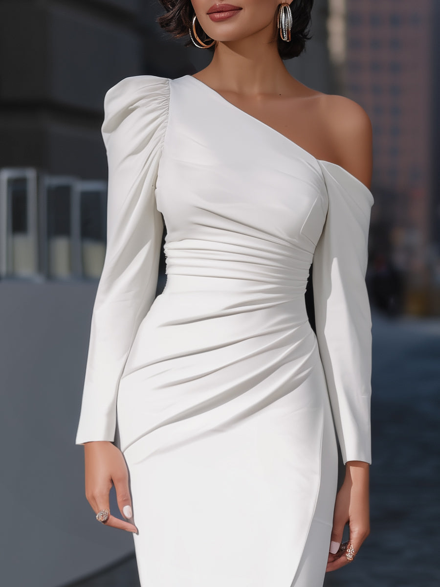 One-Shoulder Ruched Bodycon Midi Dress MLZ