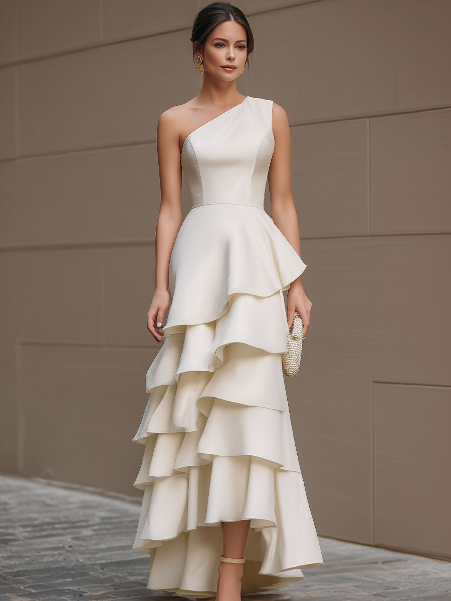Ivory One-Shoulder Tiered Ruffle Gown SN