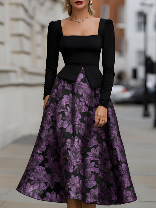 Floral Jacquard Peplum Bodice Midi Dress MLZ