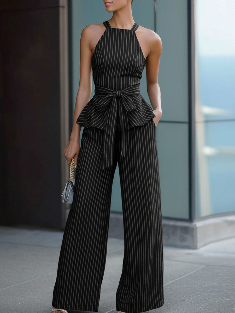 Black & White Striped Halter Peplum Two-Piece Set SN