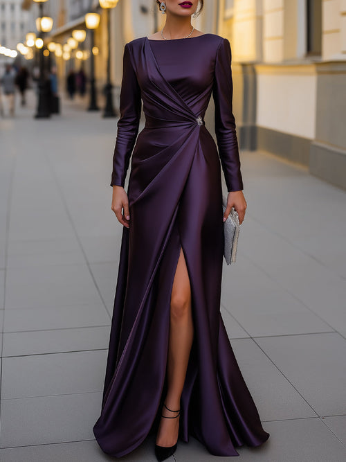 Satin Asymmetric Draped Evening Gown MLZ