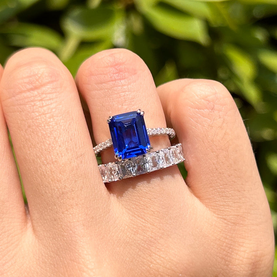 2 Pcs Blue Emerald Cut Bridal Set In Sterling Silver Carly Jewelry