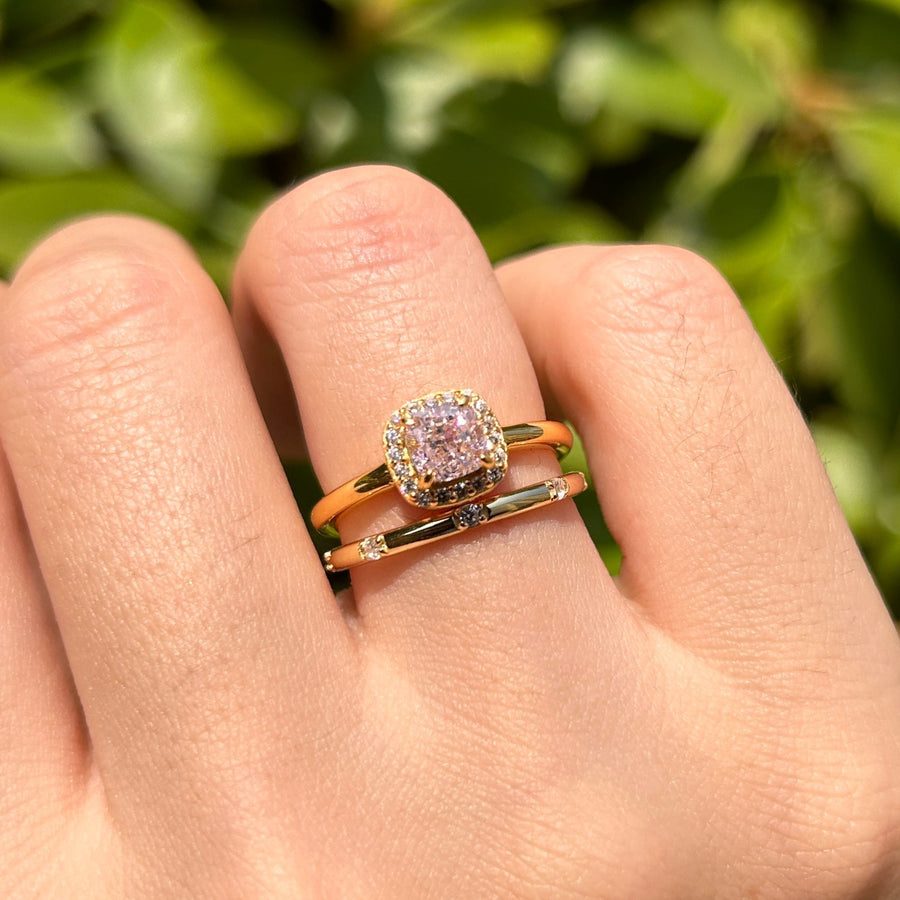2 Pcs Pink Cushion Cut Halo Sterling Silver Bridal Set In Golden Tone Carly Jewelry