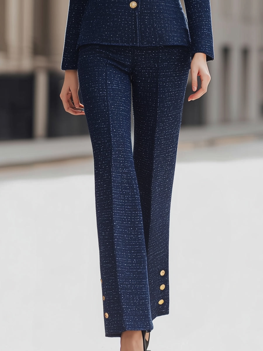 Tweed Belted Blazer And Pants Set With Gold Buttons MLZ