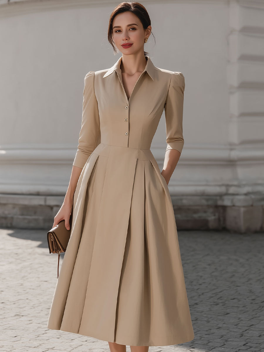 CAAYWORLD Beige Shirt-Collar Pleated Midi Dress SN