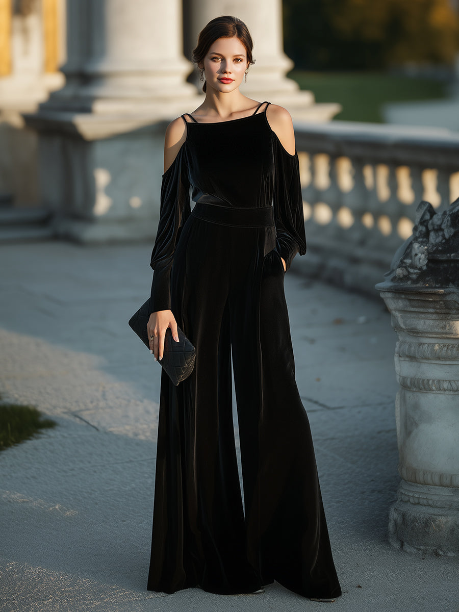 Cold-Shoulder Velvet Wide-Leg Jumpsuit XYS