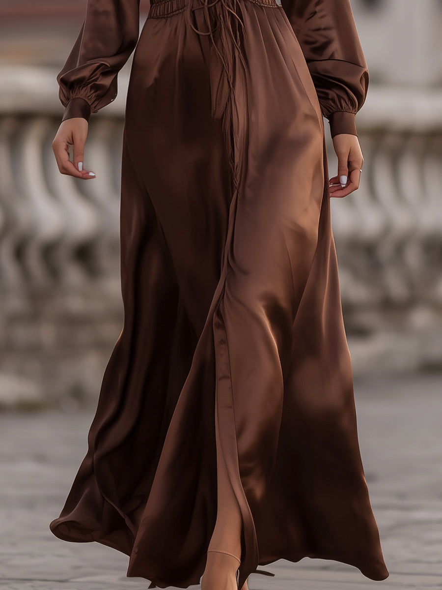 CAAYWORLD Satin Cinched Waist Maxi Dress In Mocha Brown ZJ