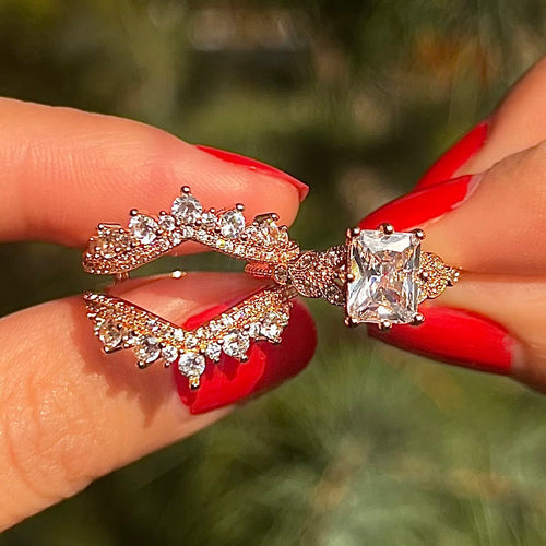 2 Pcs Radiant Cut Enhancer Rose Golden Tone Wedding Bridal Set shine