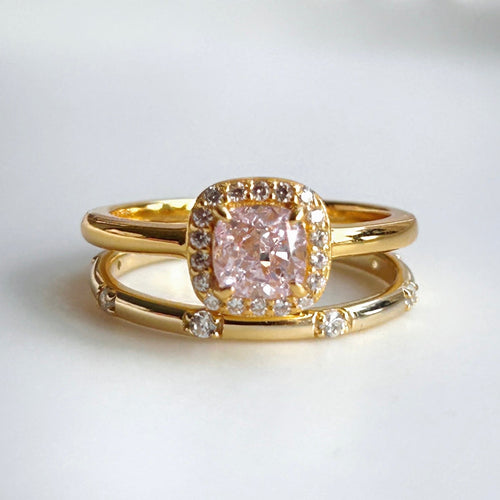 2 Pcs Pink Cushion Cut Halo Sterling Silver Bridal Set In Golden Tone Carly Jewelry