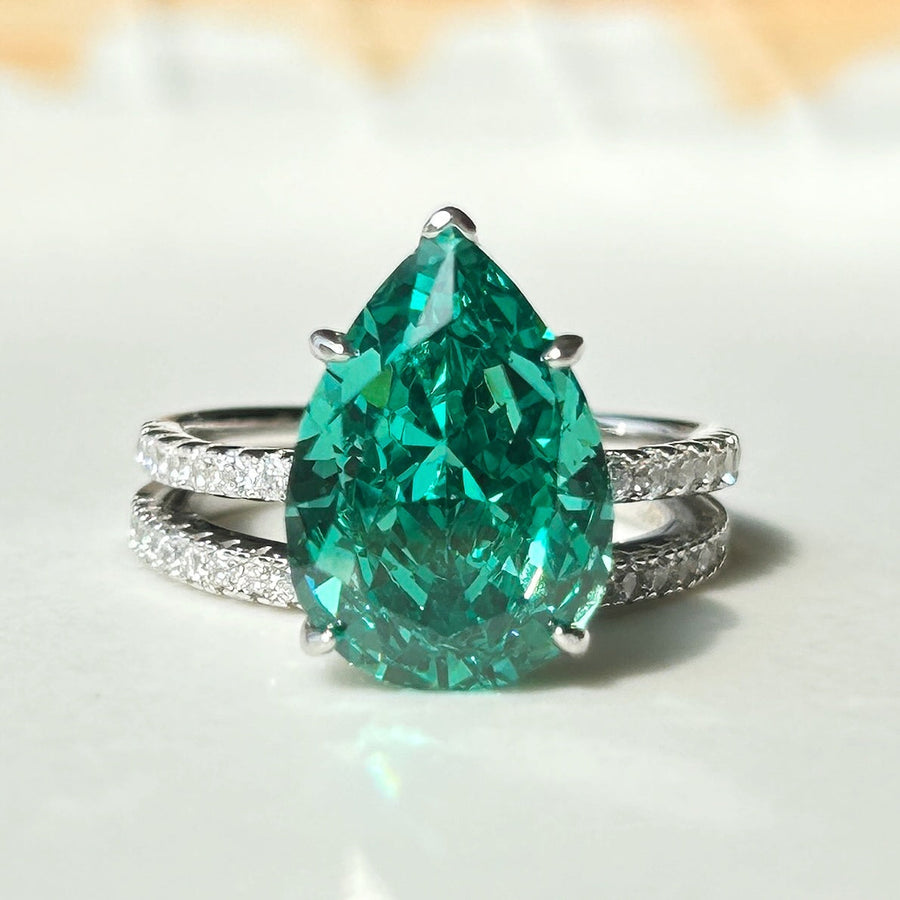 2 Pcs Exquisite Green Pear Cut Sterling Silver Bridal Set Carly Jewelry