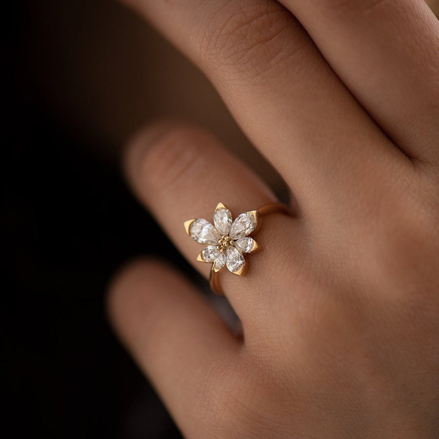 Pear Cut Flower Design Asymmetric Blossom Engagement Ring Shineofdiamond