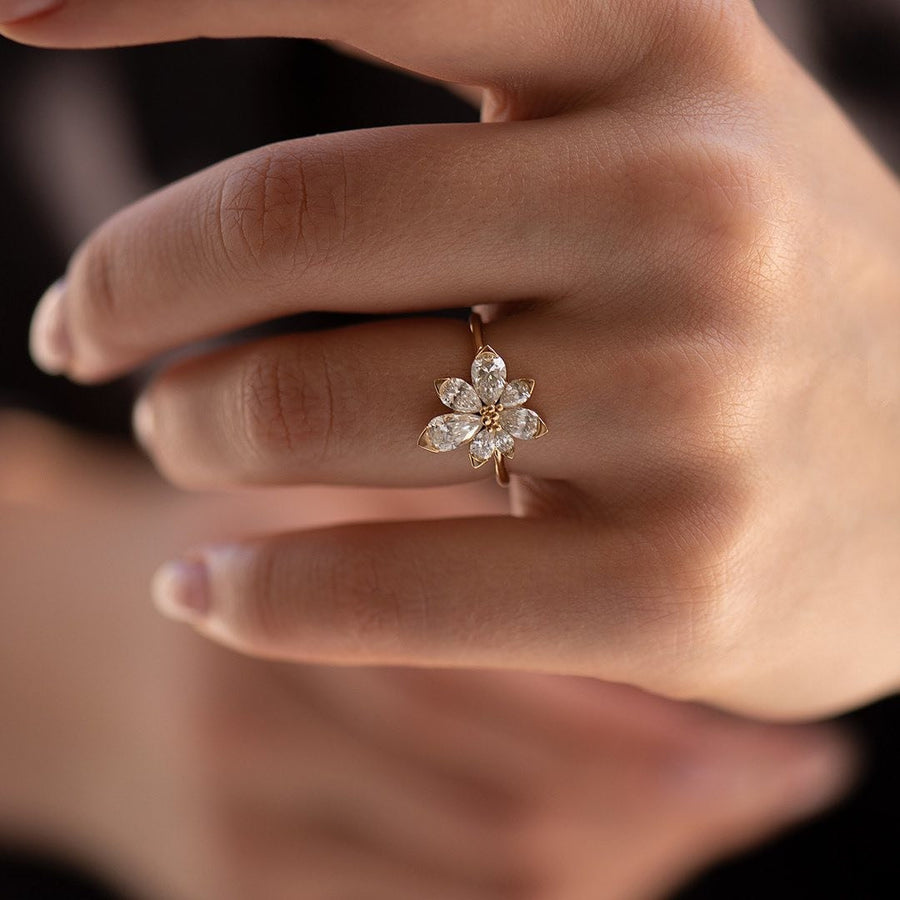 Pear Cut Flower Design Asymmetric Blossom Engagement Ring Shineofdiamond