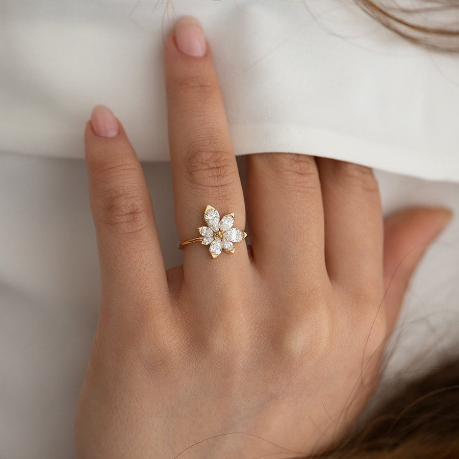 Pear Cut Flower Design Asymmetric Blossom Engagement Ring Shineofdiamond