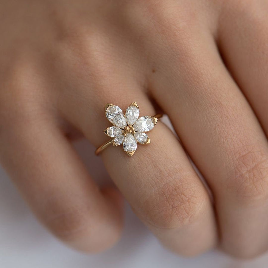 Pear Cut Flower Design Asymmetric Blossom Engagement Ring Shineofdiamond