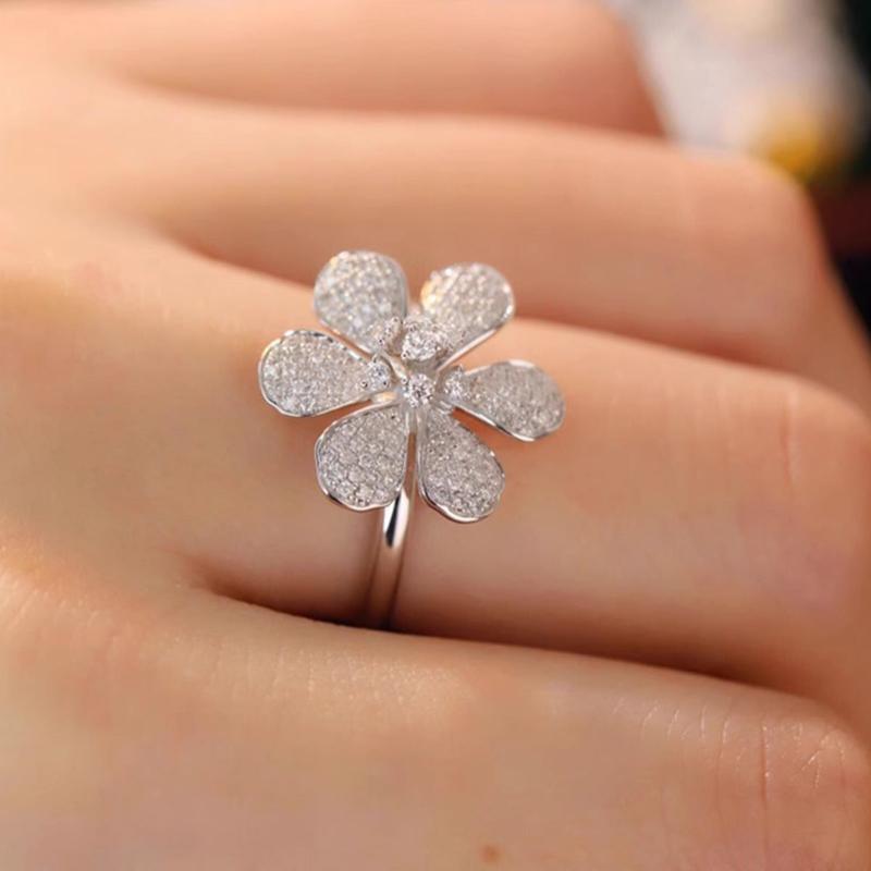 Six-petal Flower Engagement Ring in Sterling Silver Shineofidamond