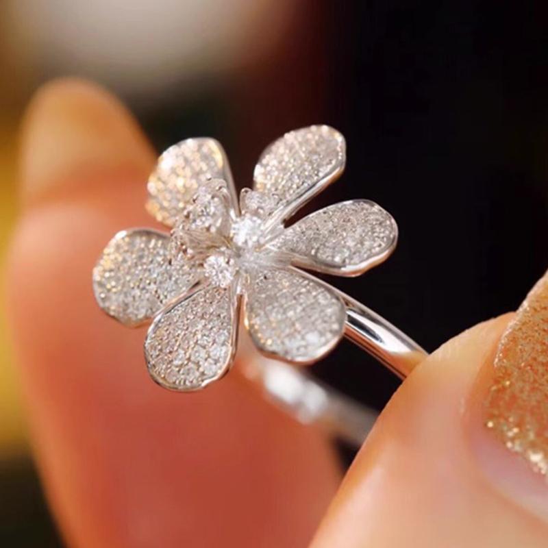 Six-petal Flower Engagement Ring in Sterling Silver Shineofidamond