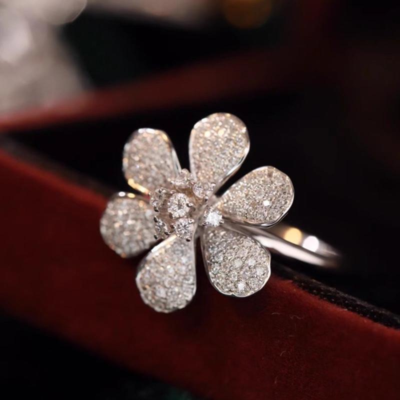 Six-petal Flower Engagement Ring in Sterling Silver Shineofidamond