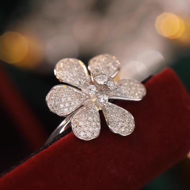 Six-petal Flower Engagement Ring in Sterling Silver Shineofidamond