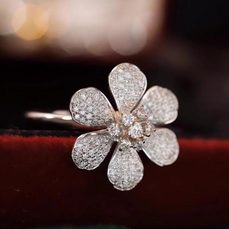 Six-petal Flower Engagement Ring in Sterling Silver Shineofidamond