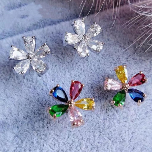 Rose Gold /18K White Gold Plated Sterling Silver Colorful Five-petal Flower Earrings Stud shine of diamond