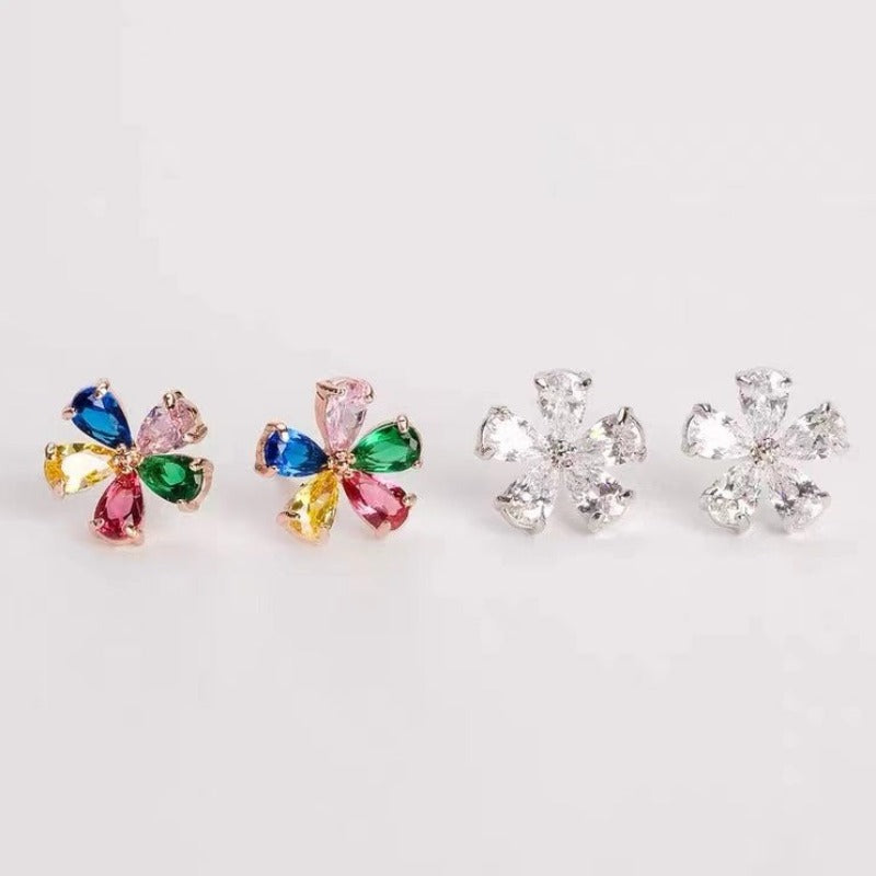 Rose Gold /18K White Gold Plated Sterling Silver Colorful Five-petal Flower Earrings Stud shine of diamond