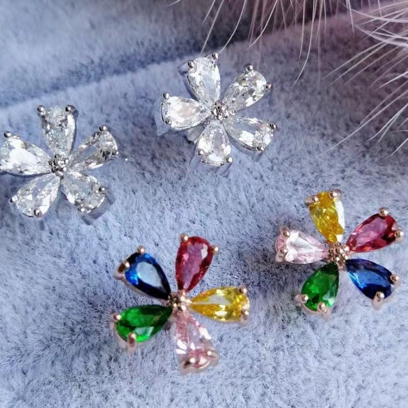 Rose Gold /18K White Gold Plated Sterling Silver Colorful Five-petal Flower Earrings Stud shine of diamond