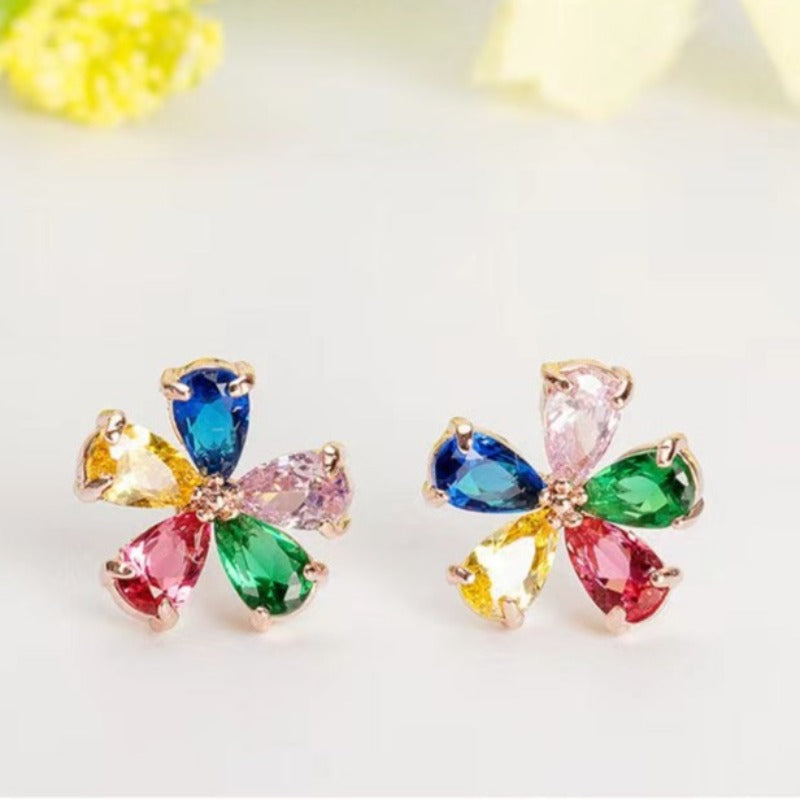 Rose Gold /18K White Gold Plated Sterling Silver Colorful Five-petal Flower Earrings Stud shine of diamond
