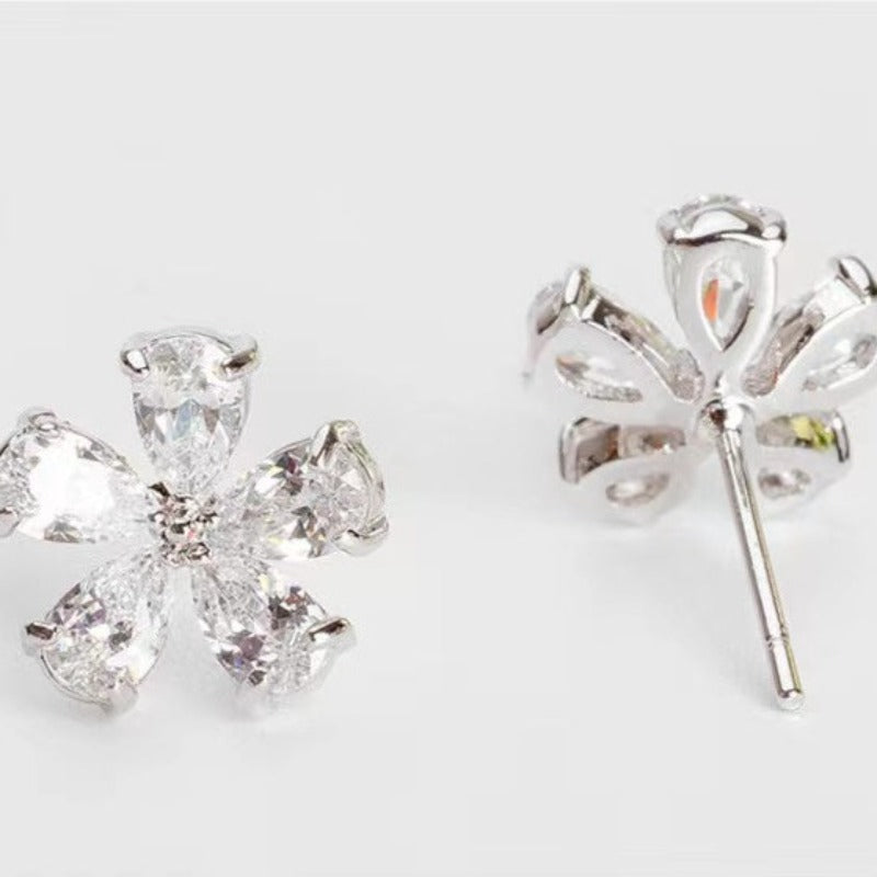 Rose Gold /18K White Gold Plated Sterling Silver Colorful Five-petal Flower Earrings Stud shine of diamond