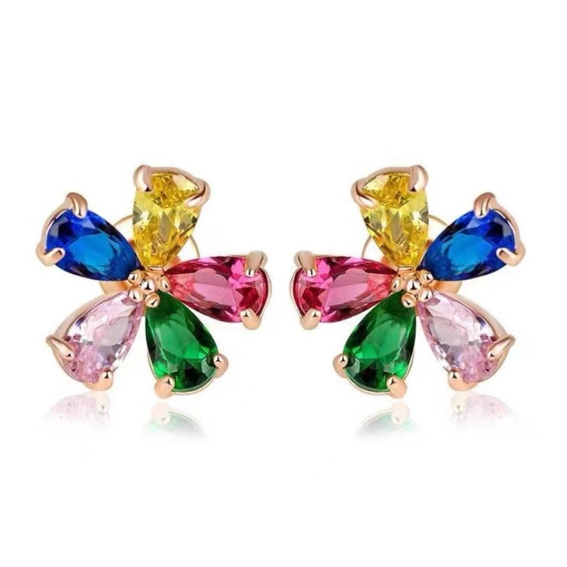 Rose Gold /18K White Gold Plated Sterling Silver Colorful Five-petal Flower Earrings Stud shine of diamond