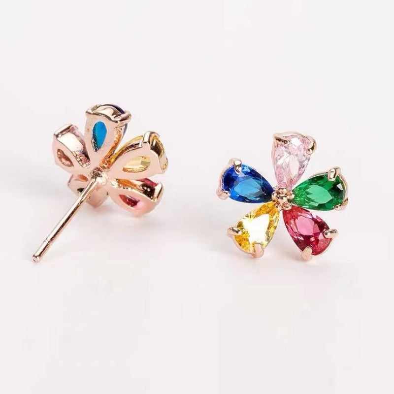 Rose Gold /18K White Gold Plated Sterling Silver Colorful Five-petal Flower Earrings Stud shine of diamond