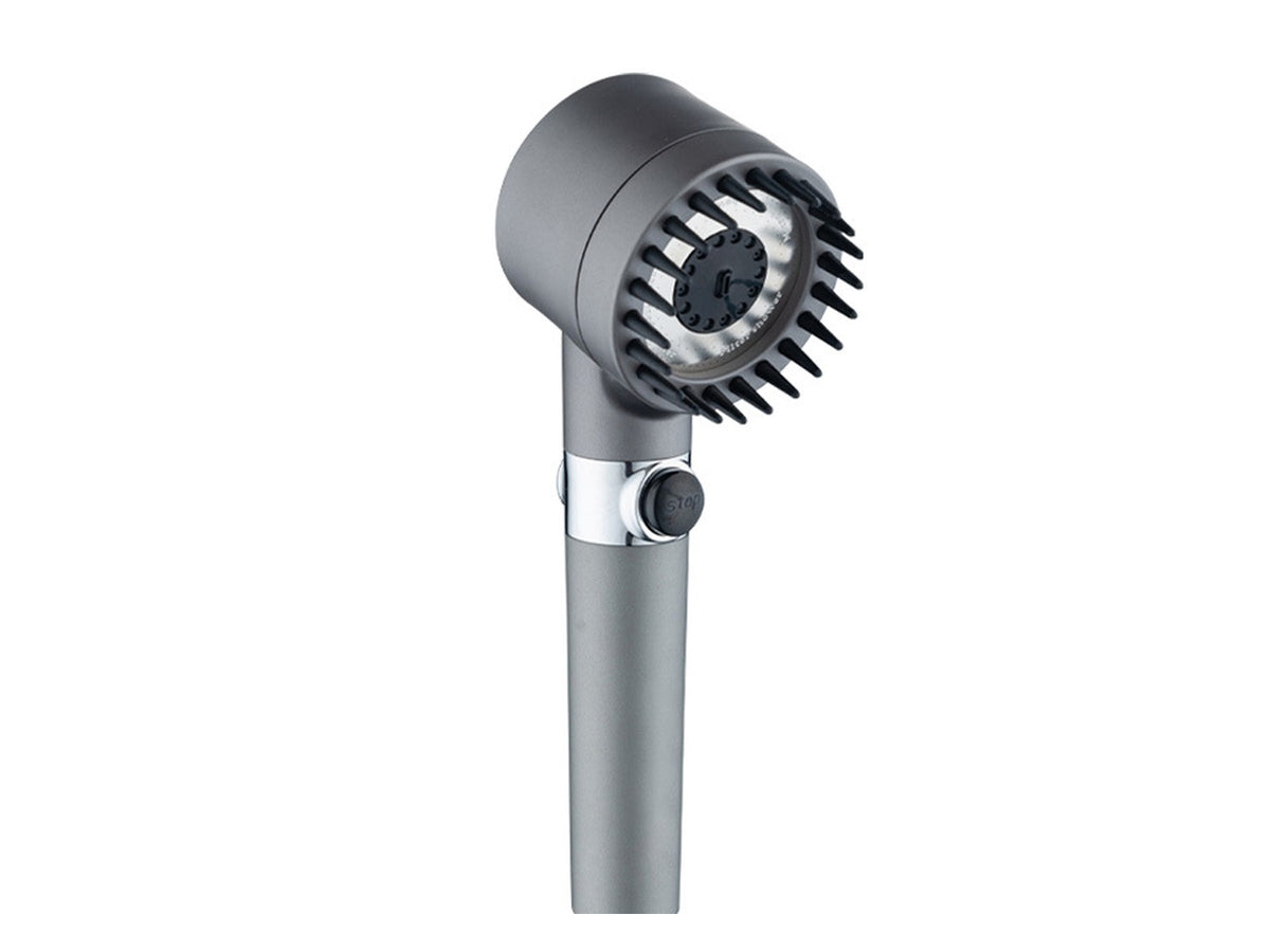 Fluvara gunmetal shower filter head, three quarter view