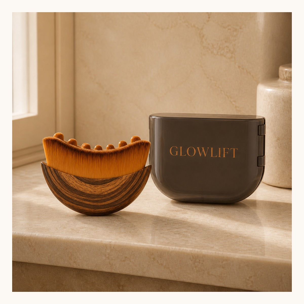 Glowlift brown crescent brush beside its dark branded storage case