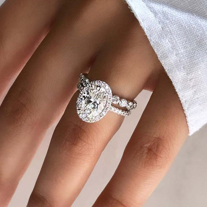 2pcs Halo Oval Cut Wedding Set  In Sterling Silver Shineofdiamond