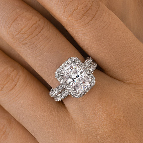 2PCS  Halo Radiant Cut Bridal Set Rings in Sterling Silver Shineofidamond