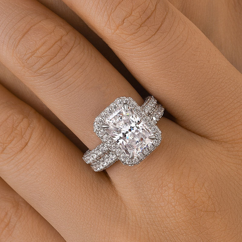 2PCS  Halo Radiant Cut Bridal Set Rings in Sterling Silver Shineofidamond