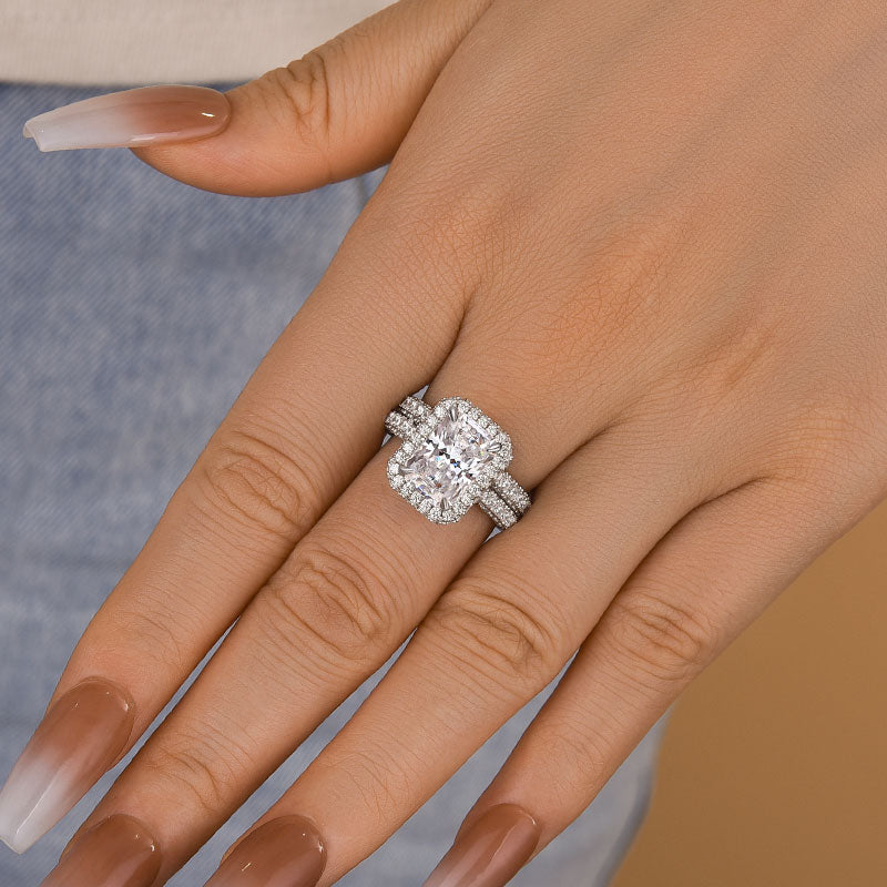 2PCS  Halo Radiant Cut Bridal Set Rings in Sterling Silver Shineofidamond