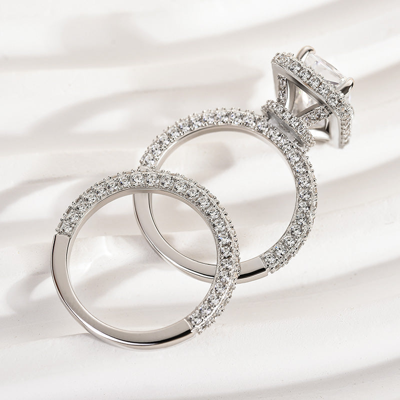 2PCS  Halo Radiant Cut Bridal Set Rings in Sterling Silver Shineofidamond
