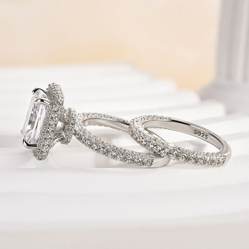 2PCS  Halo Radiant Cut Bridal Set Rings in Sterling Silver Shineofidamond