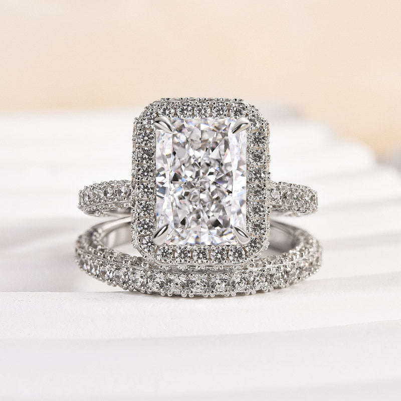 2PCS  Halo Radiant Cut Bridal Set Rings in Sterling Silver Shineofidamond