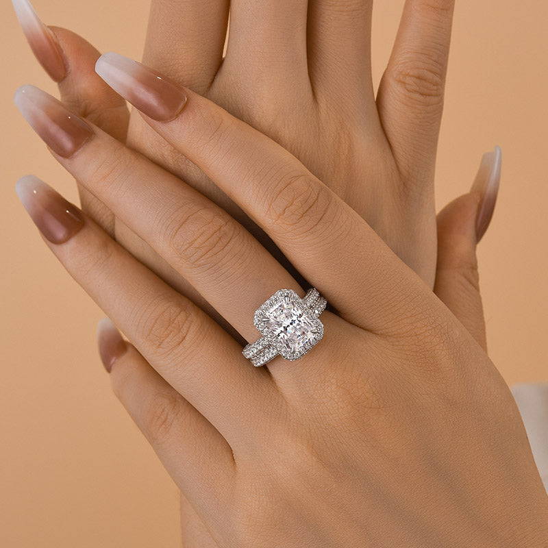 2PCS  Halo Radiant Cut Bridal Set Rings in Sterling Silver Shineofidamond